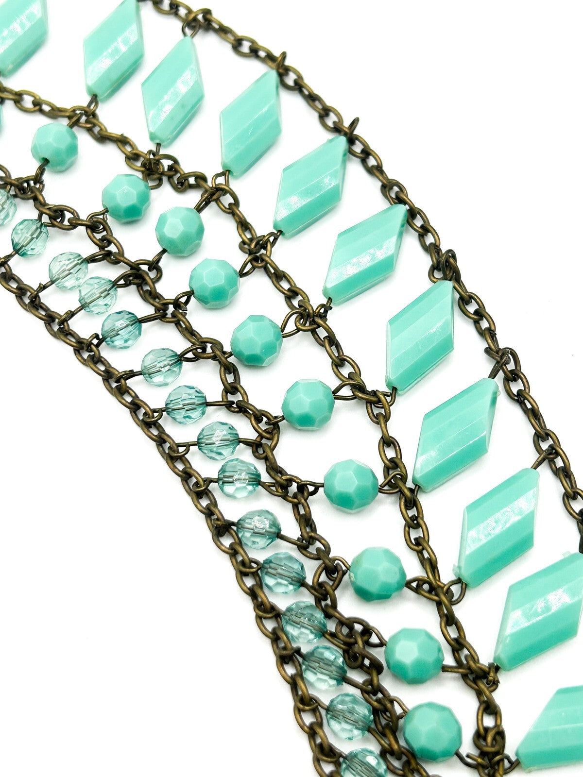 Spearmint 3 Layer Chain-Linked Art Deco inspired Statement Bib Necklace - Blue