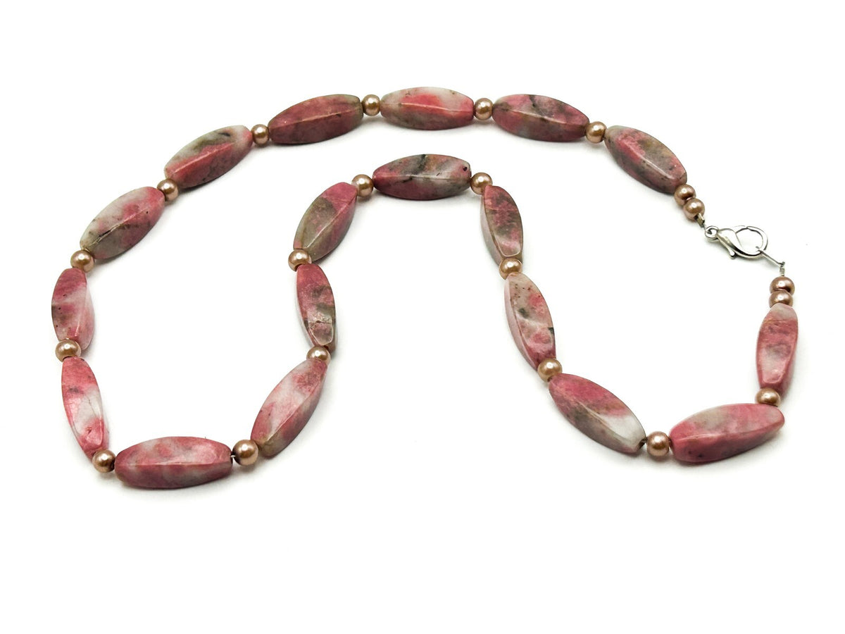 Rhodonite Gemstone Beaded Necklace Pink Oval Beads Faux Pearl Spacers 18”