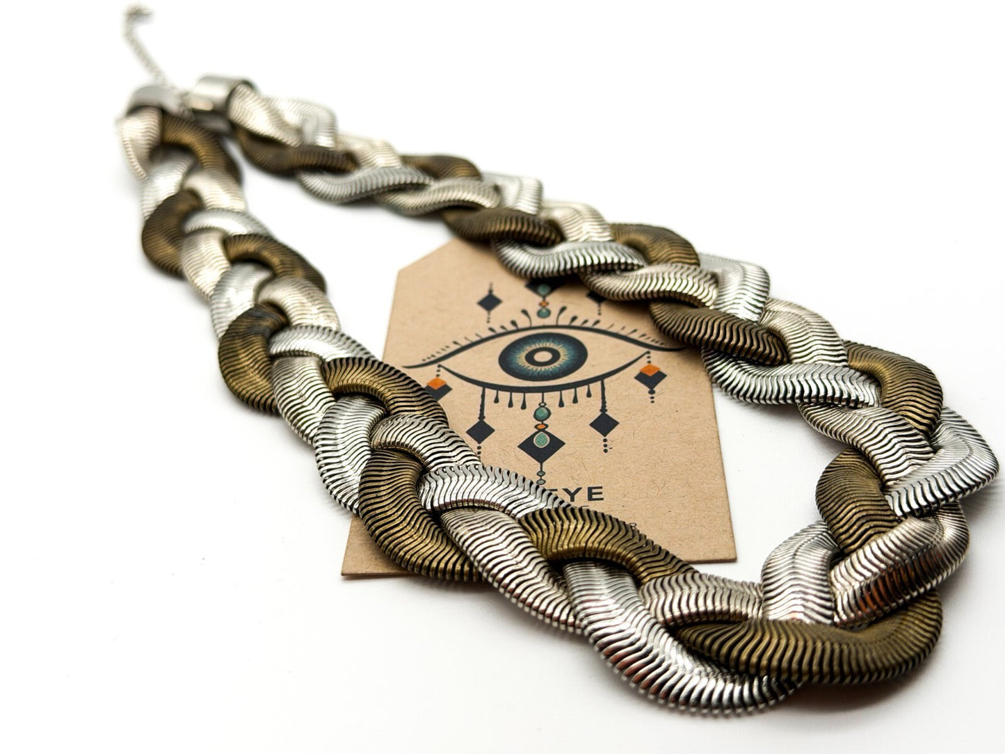 M&S Statement Necklace Mixed Metal Braided Snake Chain Wide Collar 18” Retro