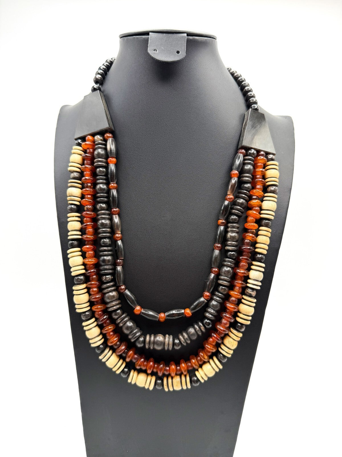 Multistrand Boho Amber & Wood Beaded Necklace Natural Tribal-Inspired Beach