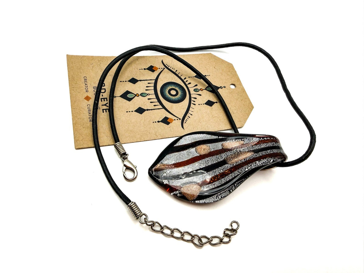 Silver, Copper Tone & Black Dichroic Art Glass Murano-style Pendant Necklace