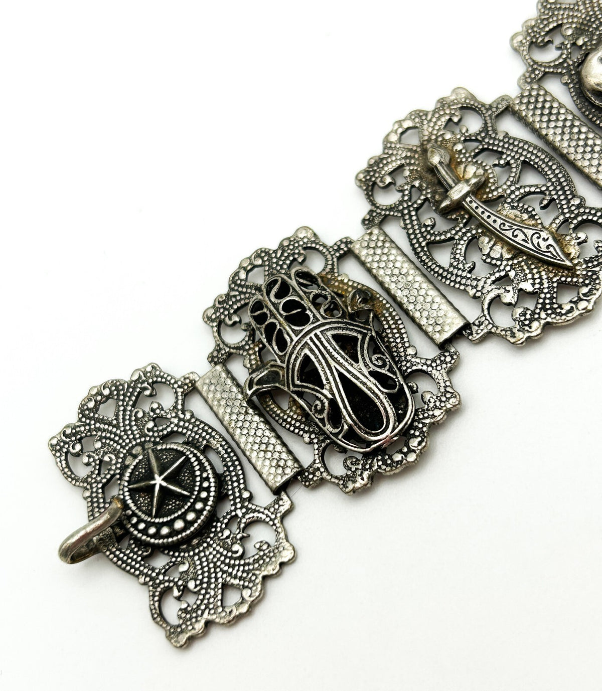 Moroccan Souvenir Silver Tone Filigree Panel Bracelet Elephant Hamsa 8.5”
