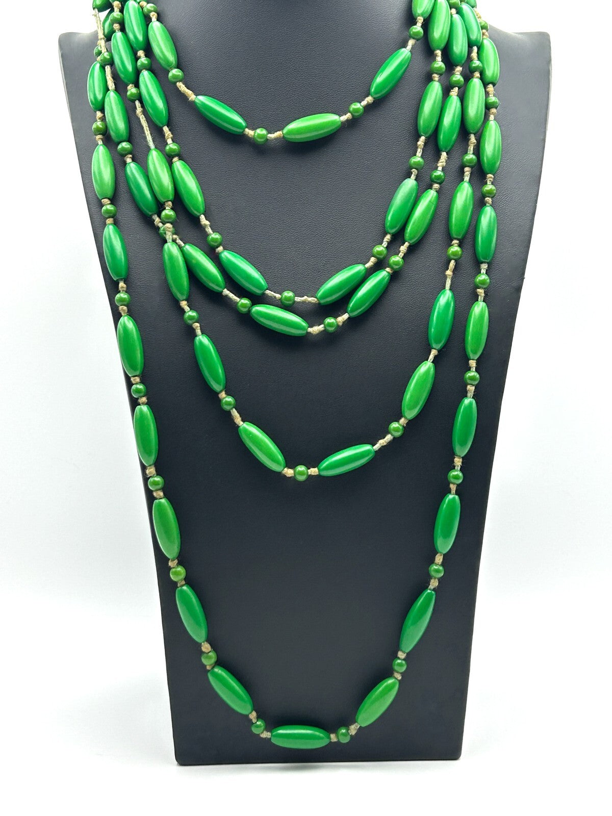 Pair of Vintage Early Plastic Green Hand-knotted Beaded Necklaces
