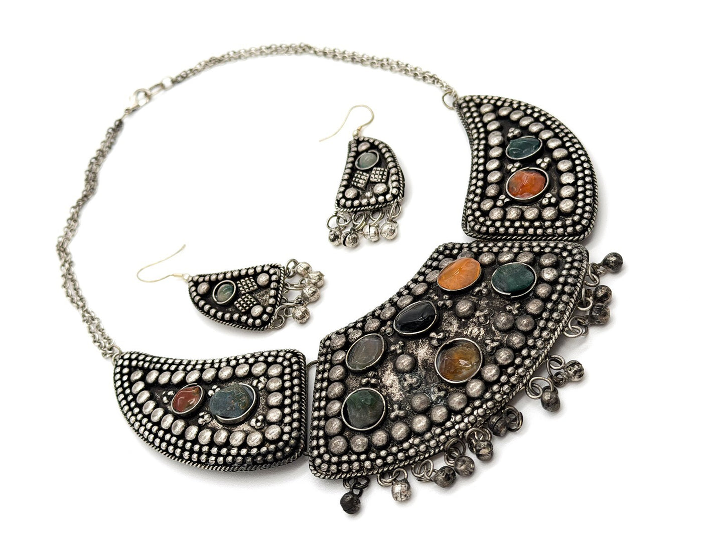 Vintage Statement Bib Necklace Set Silver Tone Ethnic Turkish Style Earrings