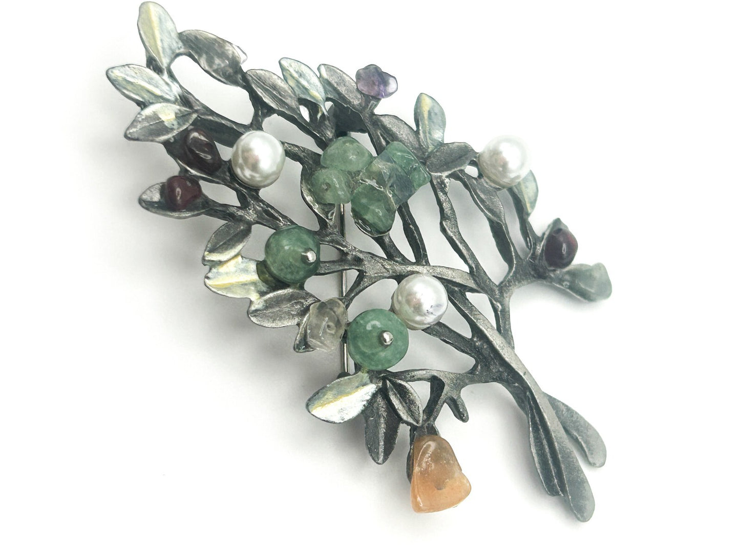 Pewter Leaf Tree Branch Gemstone Brooch - Aventurine, Faux pearl, Amethyst