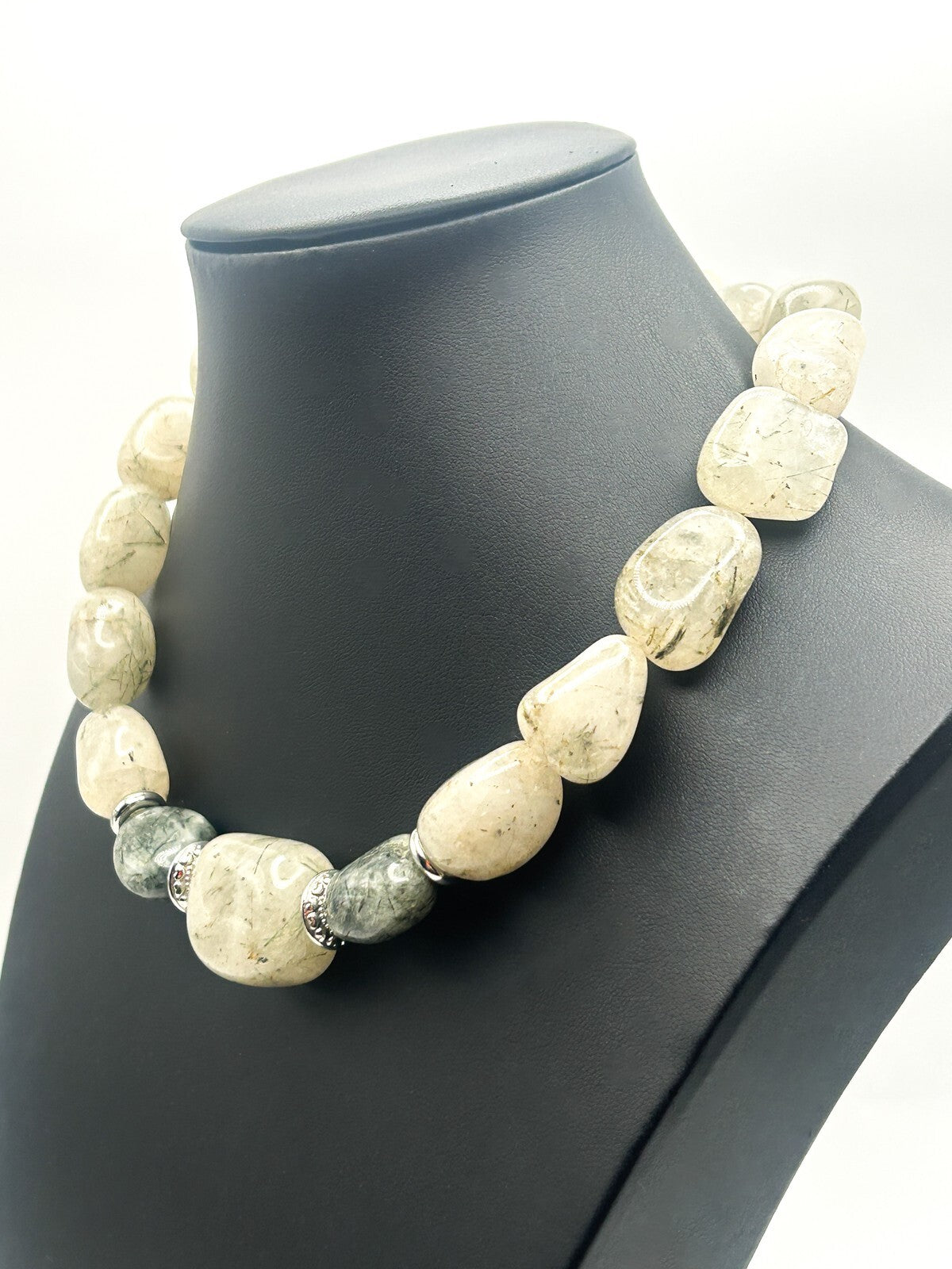 Chunky Rutilated Quartz Statement Necklace with Silver Tone Spacers - Gemstone