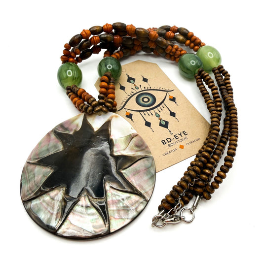 Abalone Shell Star Statement Boho Pendant Necklace 23" Coastal-inspired