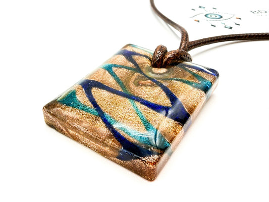 Murano Style Art Glass Pendant Necklace Gold Blue Turquoise Gold Blue Brown