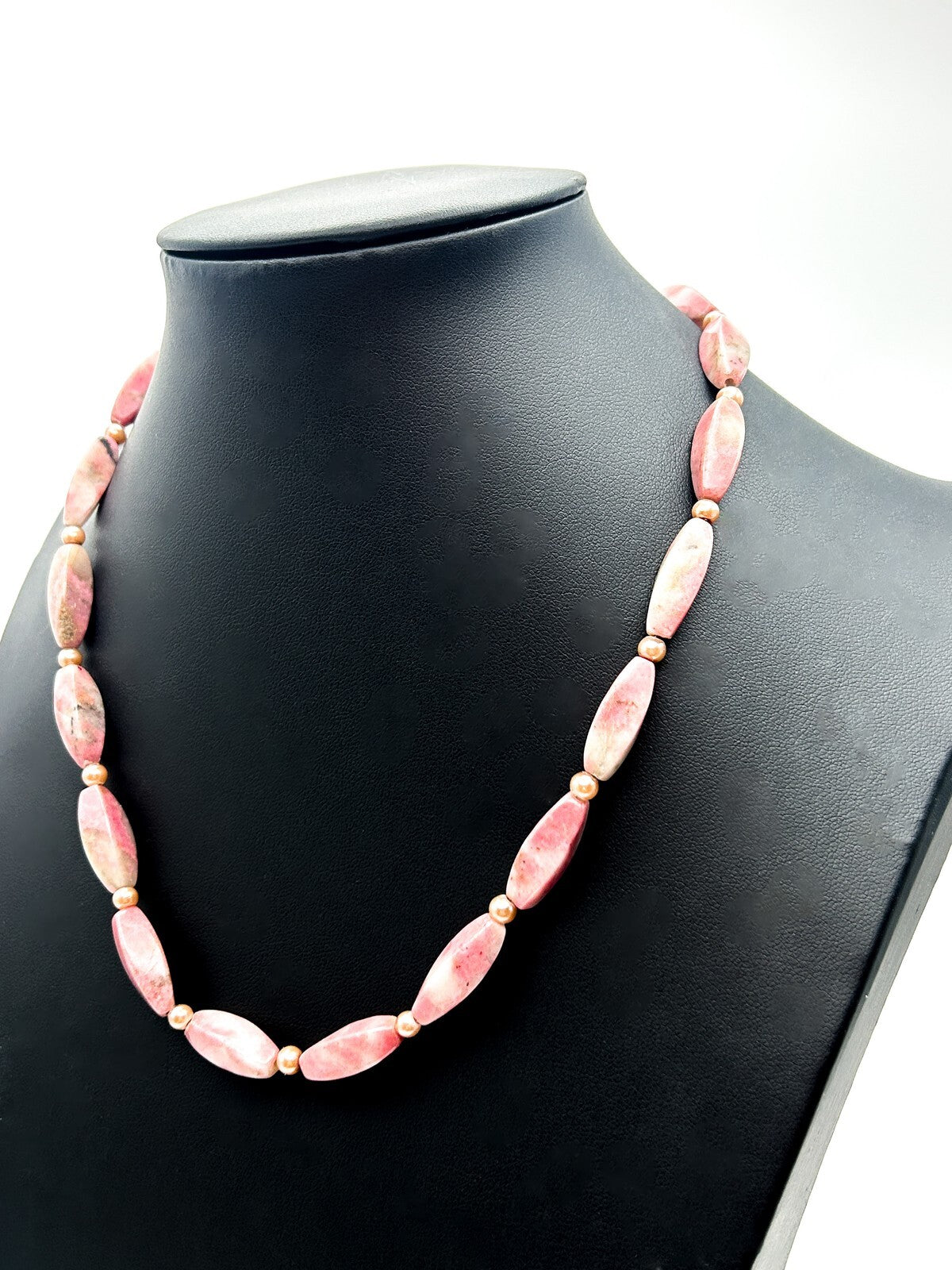 Rhodonite Gemstone Beaded Necklace Pink Oval Beads Faux Pearl Spacers 18”
