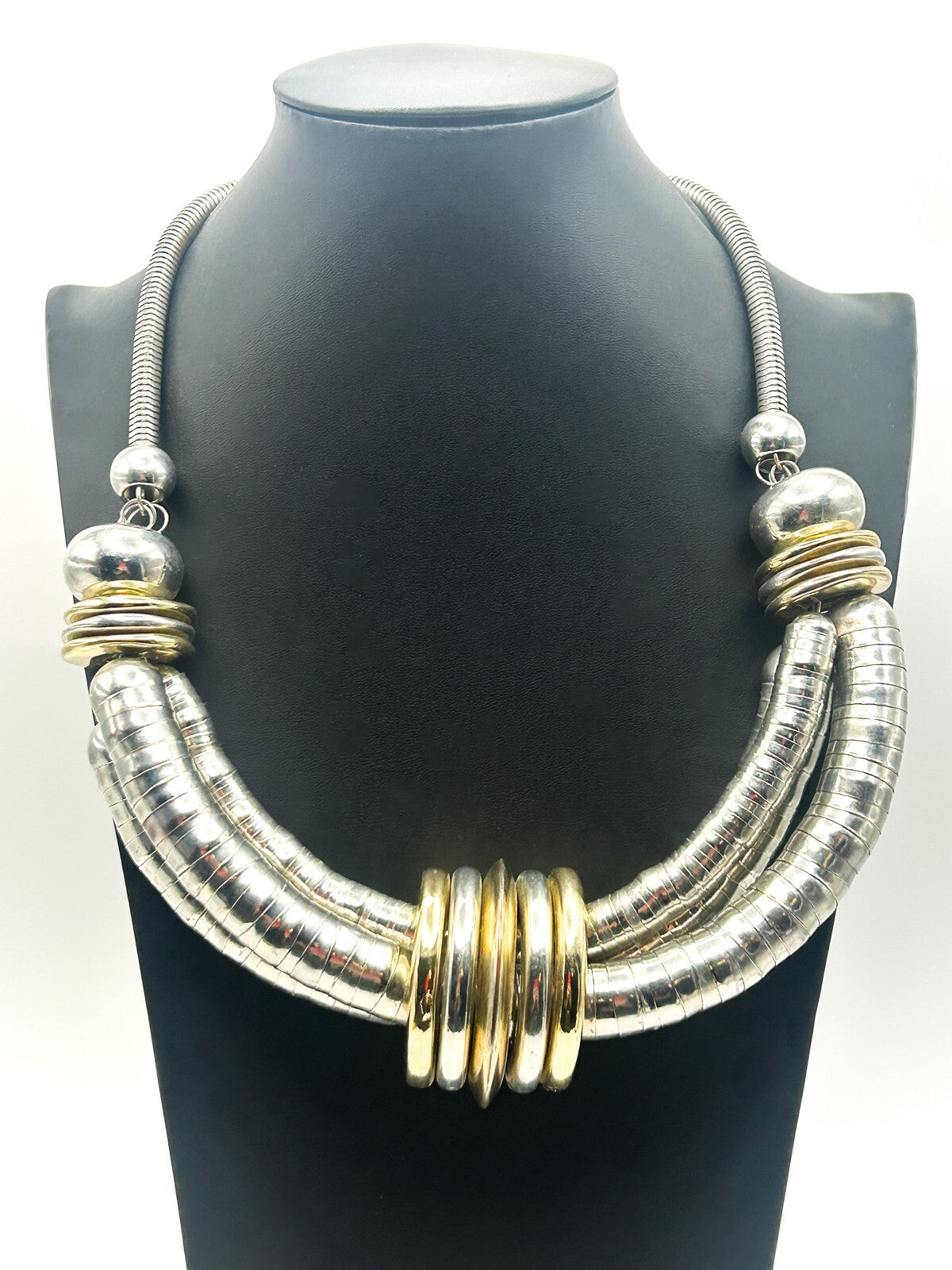 Silver & Gold Tone Chunky Y2K Industrial Collar Necklace – 17.5”
