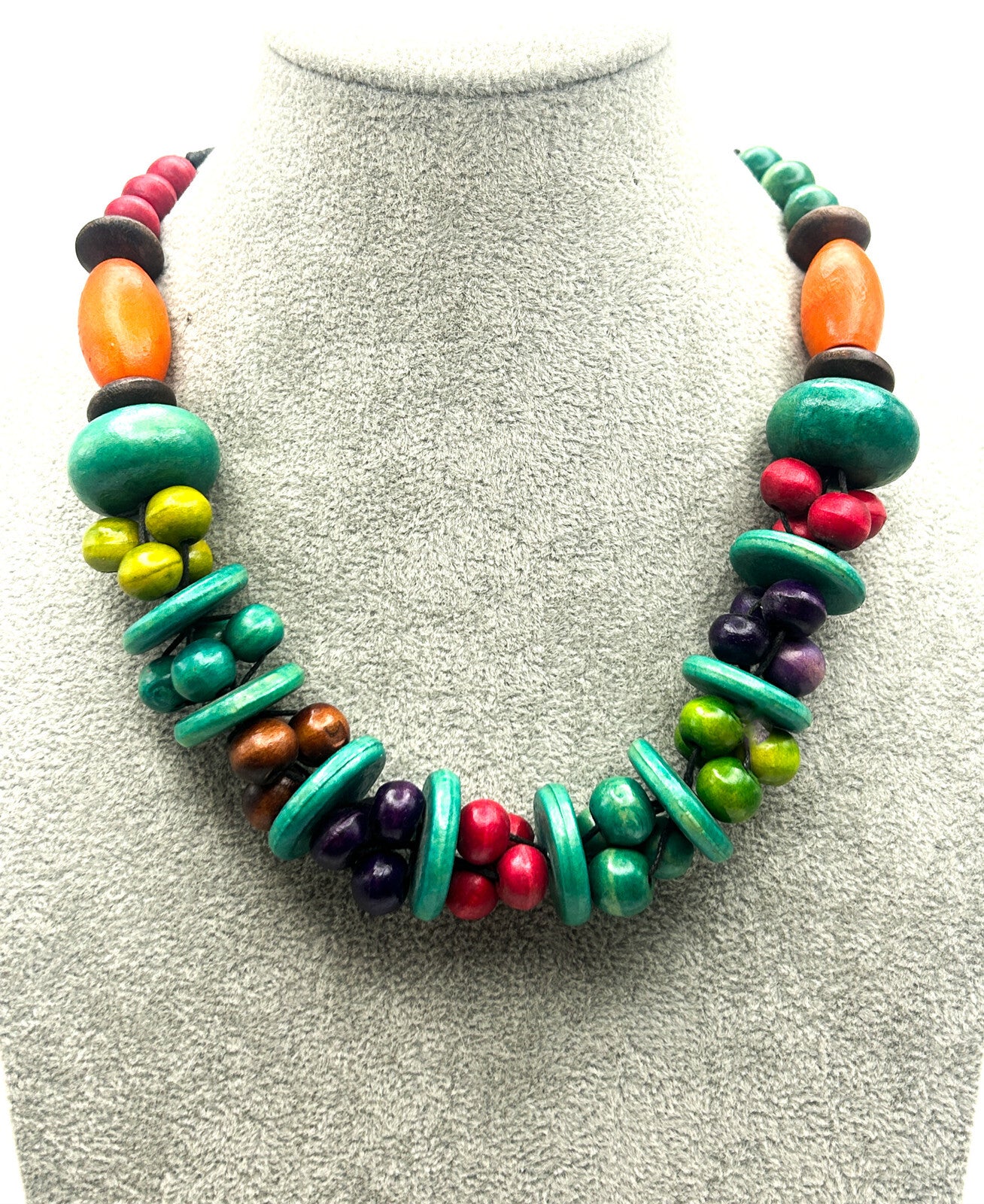 Vintage Multicolour Wooden Bead Necklace with Disc Spacers and Toggle Clasp