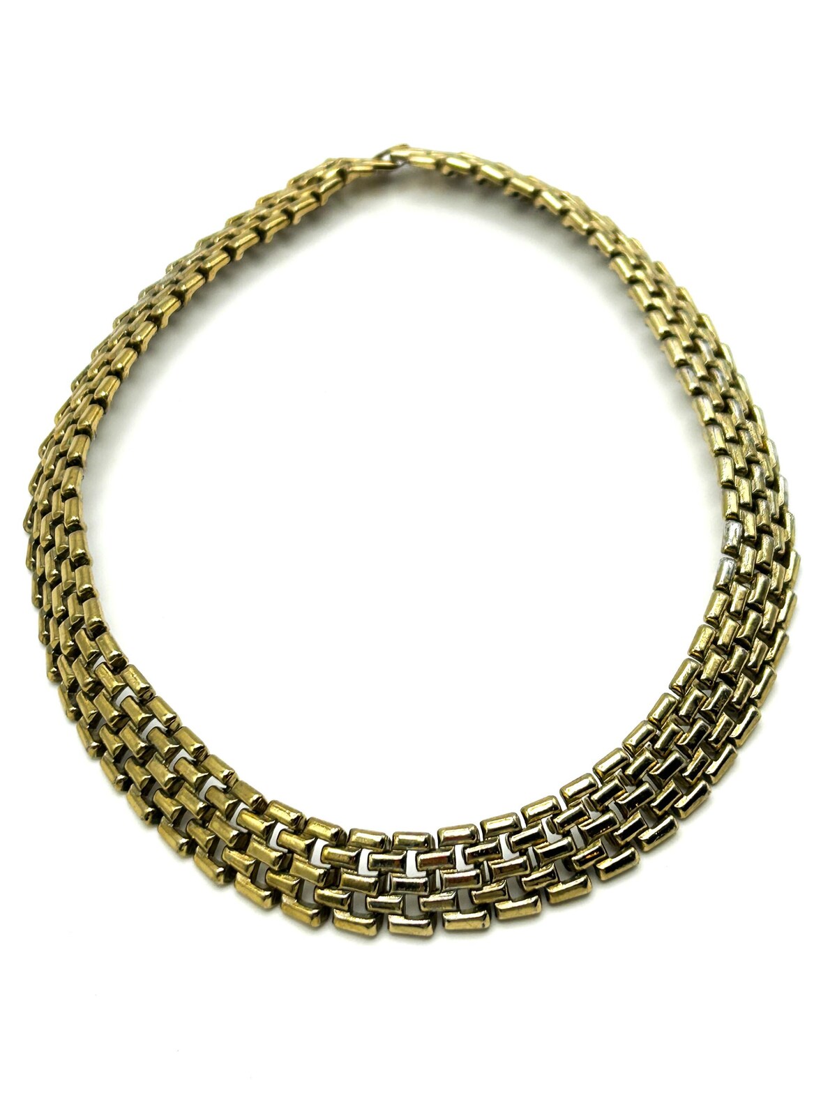 Chunky Vintage Gold Tone Basket Weave Chain Collar Necklace 17.5”