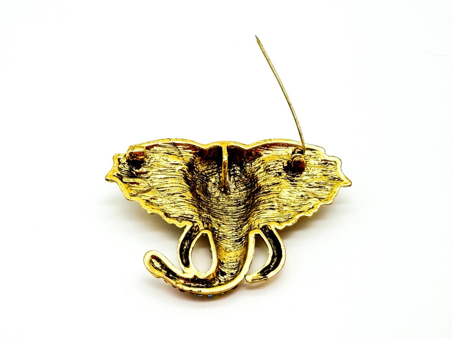 Vintage Elephant Head Brooch Gold Tone AB Orange Peach Rhinestones Green Eye