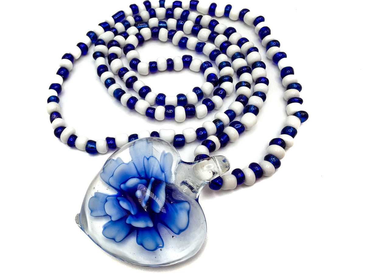 Vintage Blue & White Glass Beaded Necklace with Floral Art Glass Heart Pendant