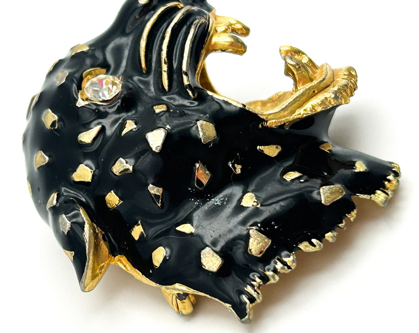 Vintage Black Panther Brooch Gold Enamel Rhinestone Eyes Statement Pin