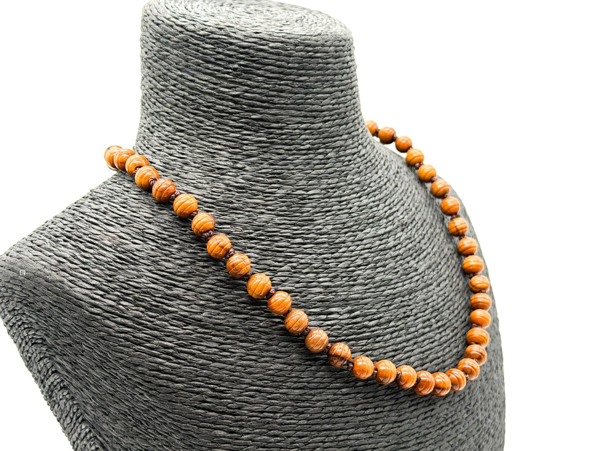 Vintage Faux Wood Acrylic Beaded Necklace Hand Knotted Boho Retro Jewellery