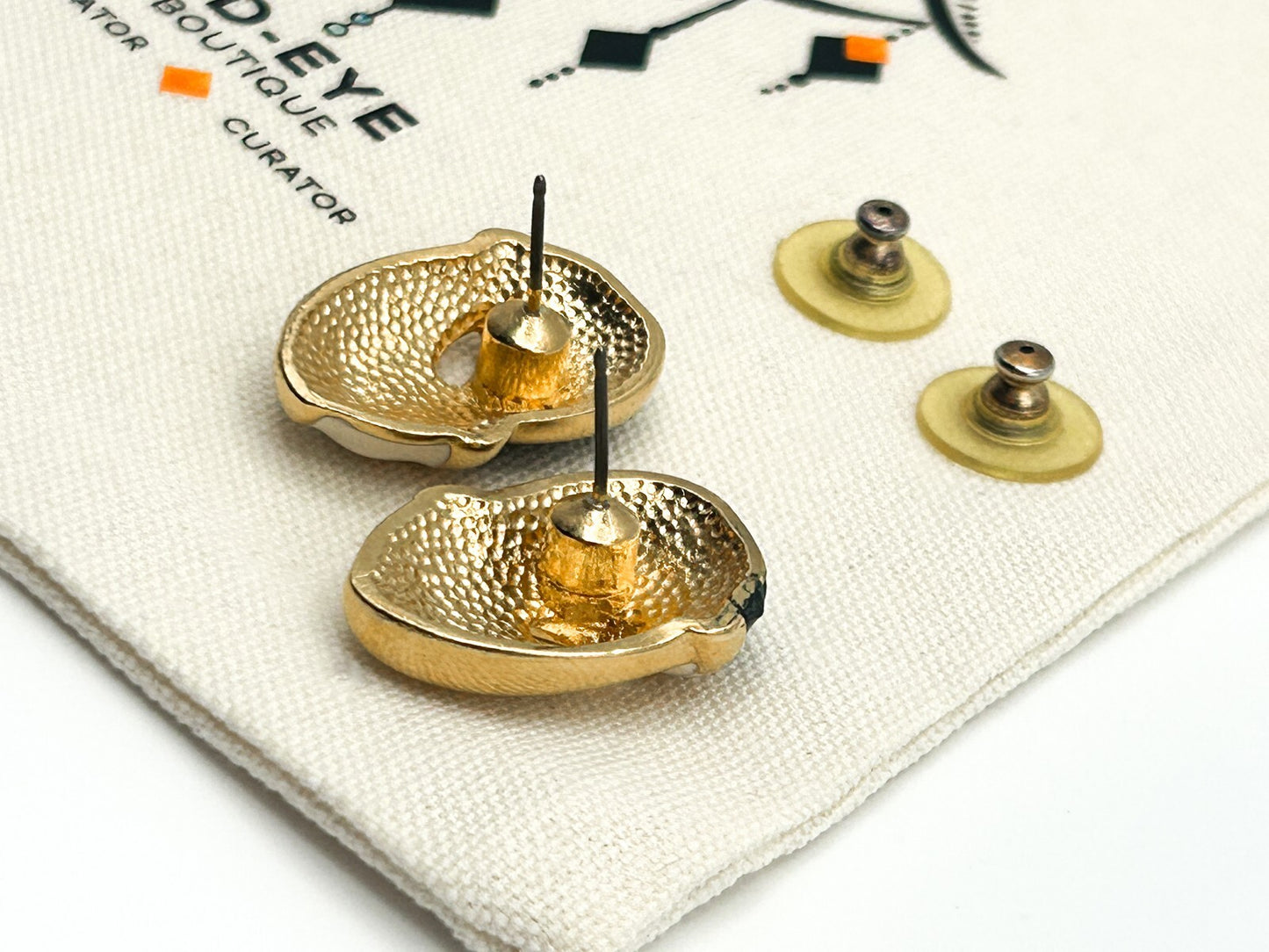 Vintage Black, Cream & Gold Tone Enamel 80s Ribbon Effect Earrings