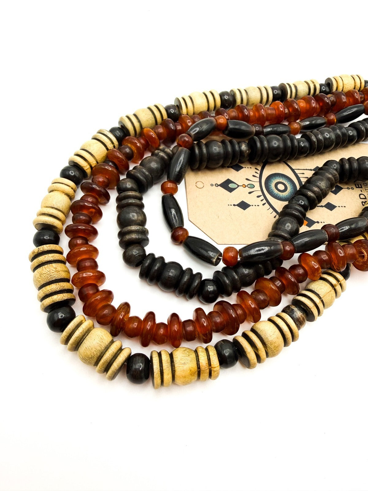 Multistrand Boho Amber & Wood Beaded Necklace Natural Tribal-Inspired Beach