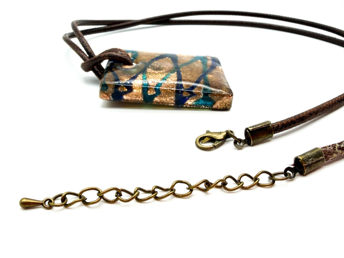 Murano Style Art Glass Pendant Necklace Gold Blue Turquoise Gold Blue Brown