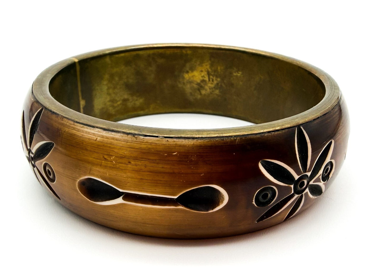 Vintage Brass & Carved Organic Material Floral Bangle Bracelet