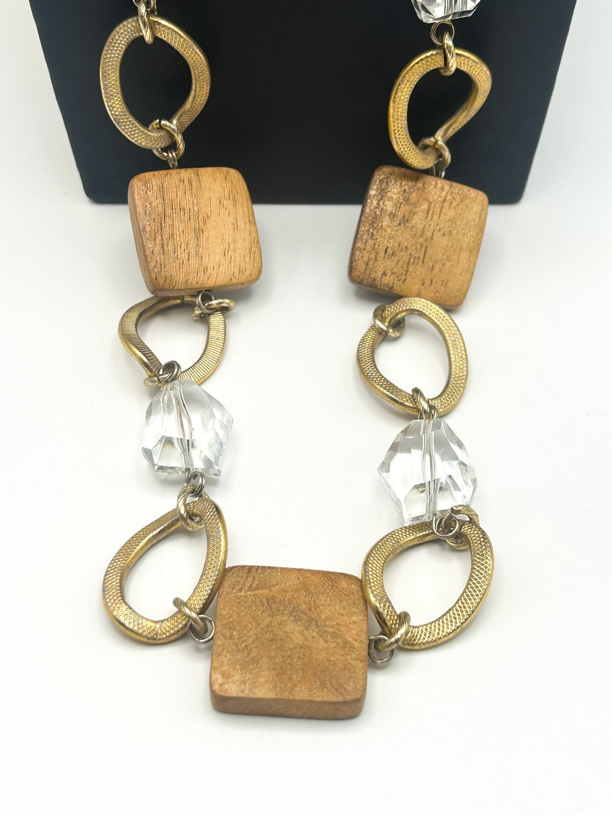Long Linked Wood, Gold Tone & Clear Acrylic Statement Necklace