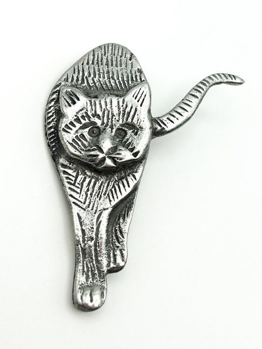 Vintage Silver Tone Prowling Cat Brooch