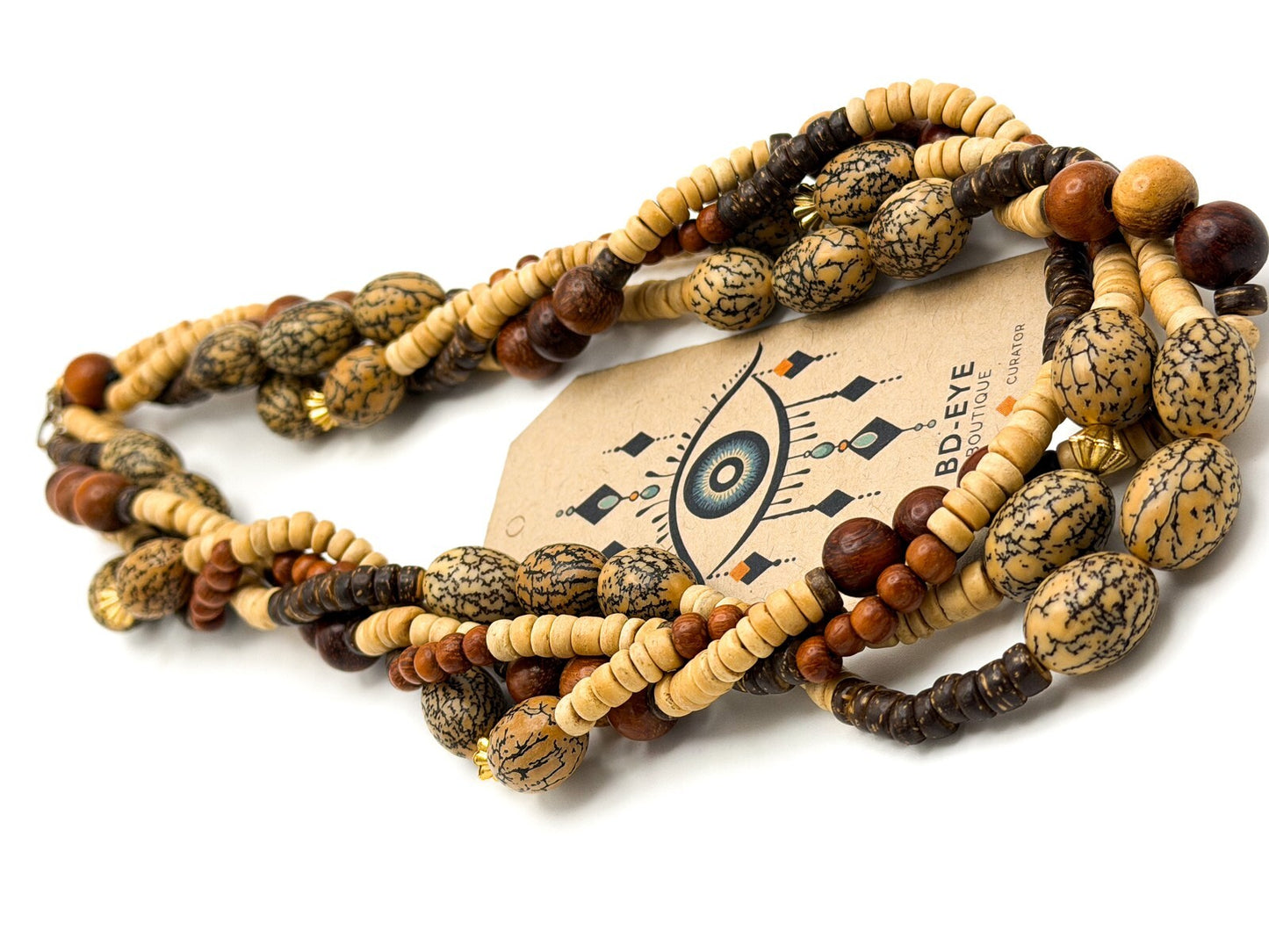 Four Strand Twisted Wood & Coconut Shell Disc Necklace with Gold Tone Boho