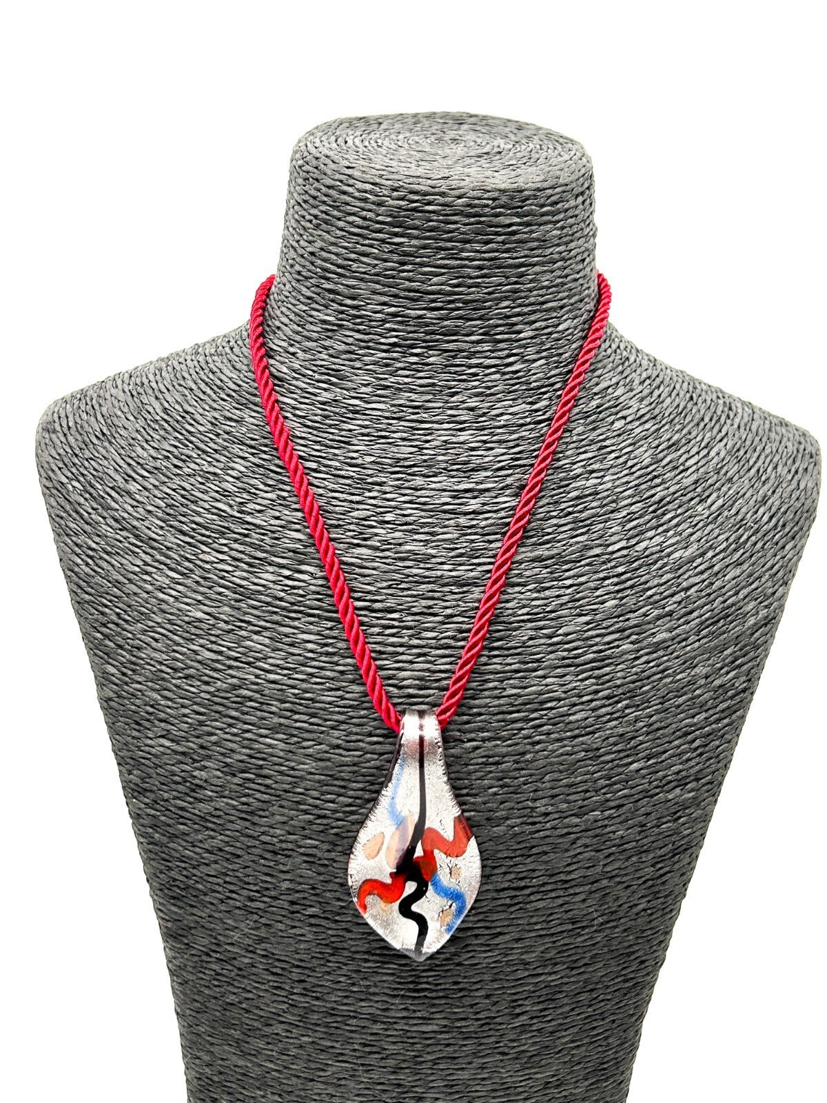 Murano Style Art Glass Pendant Necklace Red Blue Silver Abstract Foil Red Cord