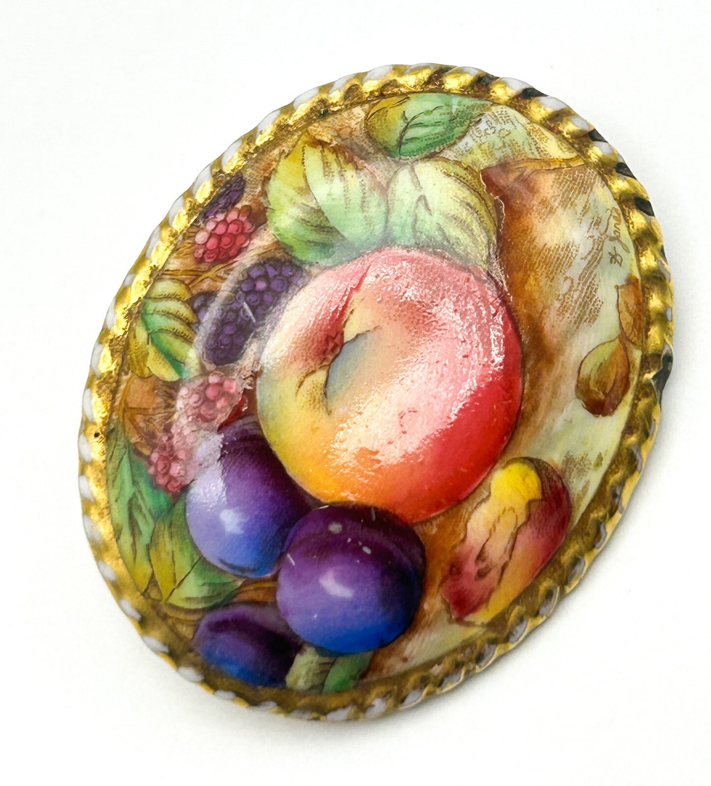 Aynsley Orchard Gold Brooch Bone China Fruit Hand Painted England