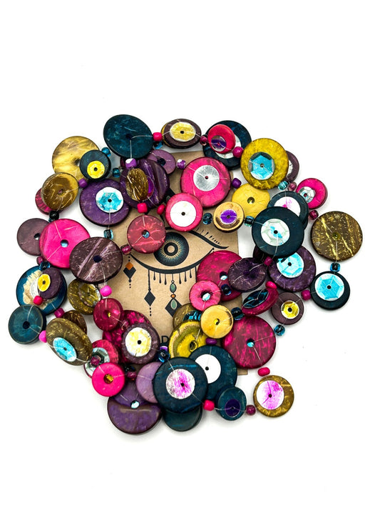Retro (90s-Y2K) Multicoloured Coconut Shell Disc Necklace with Sequin Detail