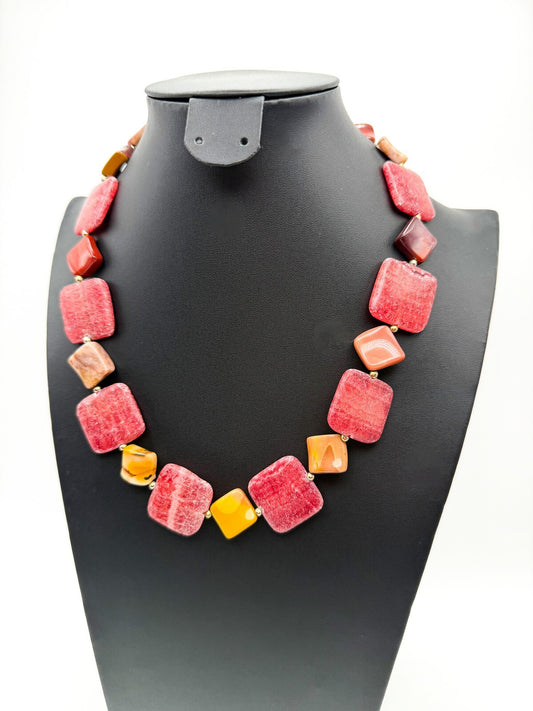 Chunky Rhodonite & Jasper Necklace - Substantial Semi-Precious Pink Gemstones