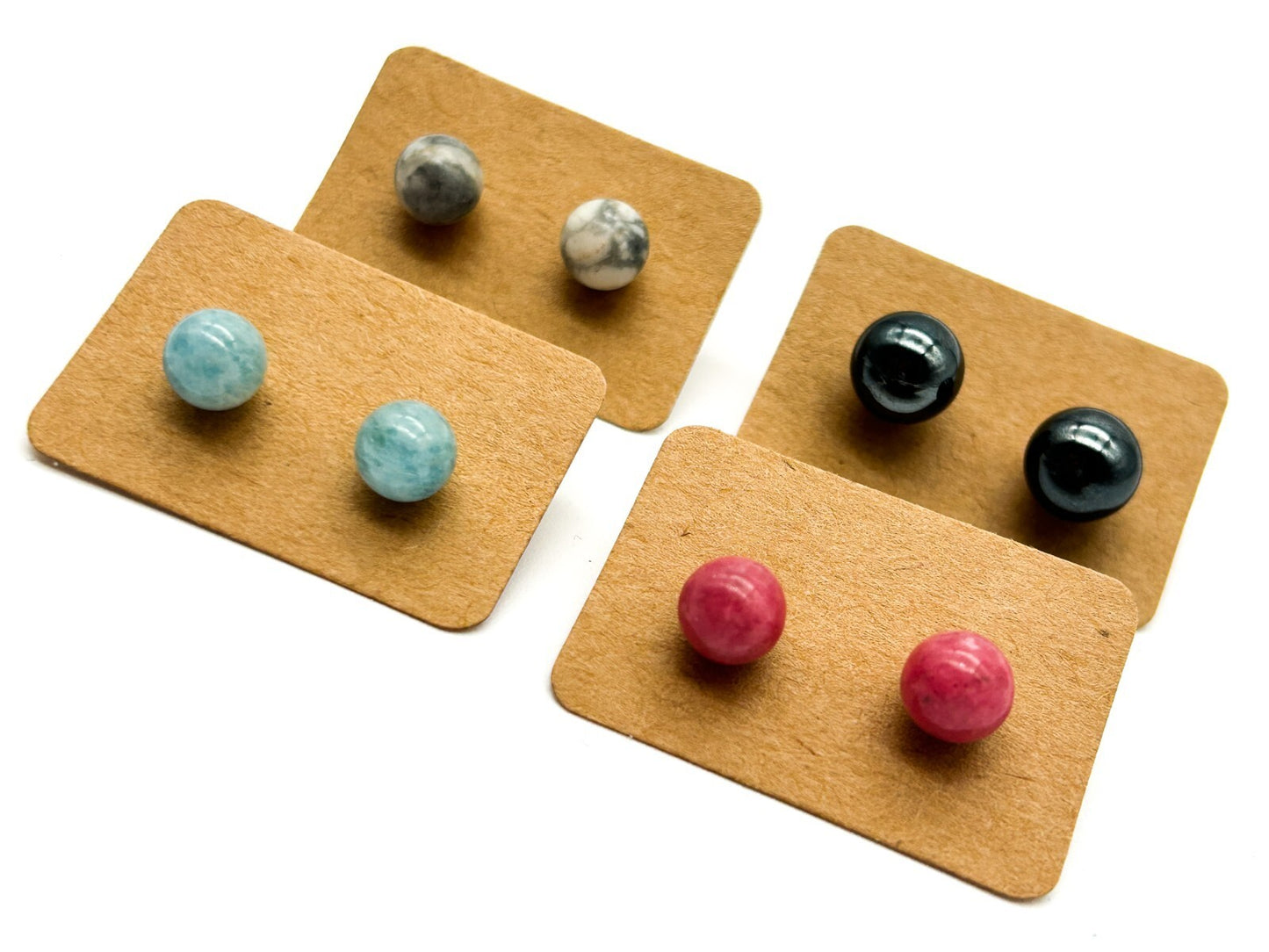 Set of 4 Pairs Semi-Precious Gemstone Stud Earrings 925 Sterling & 14TK Markings