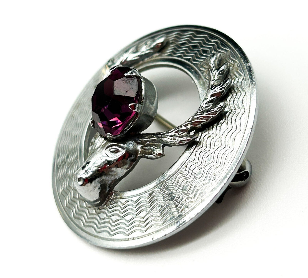 Mizpah Scottish Stag Head Brooch Amethyst Purple Glass Silver Tone