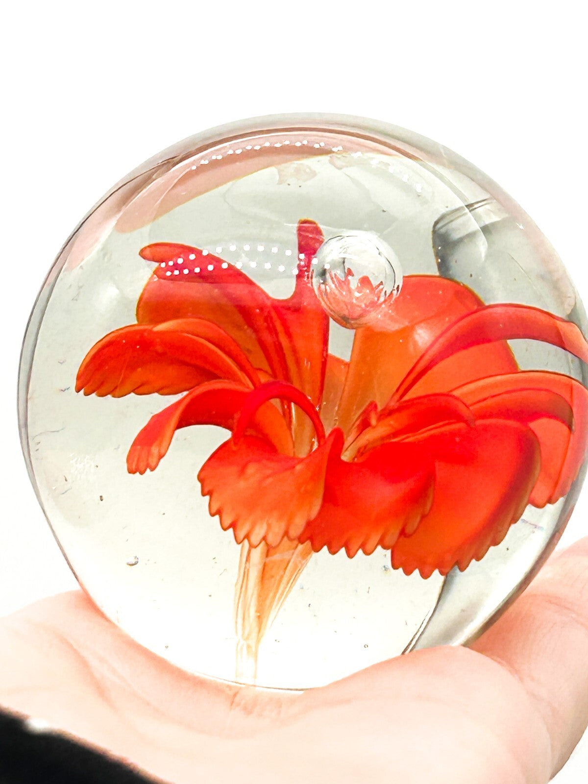 Fenton Art Glass Paperweight Orange Flower USA Domed