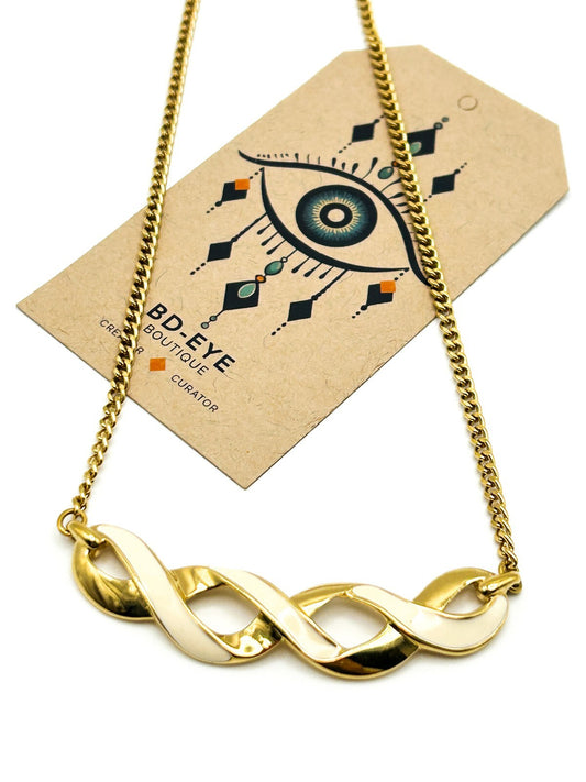 Signed Monet Gold Tone Chain Necklace with Cream Enamel Ribbon Pendant