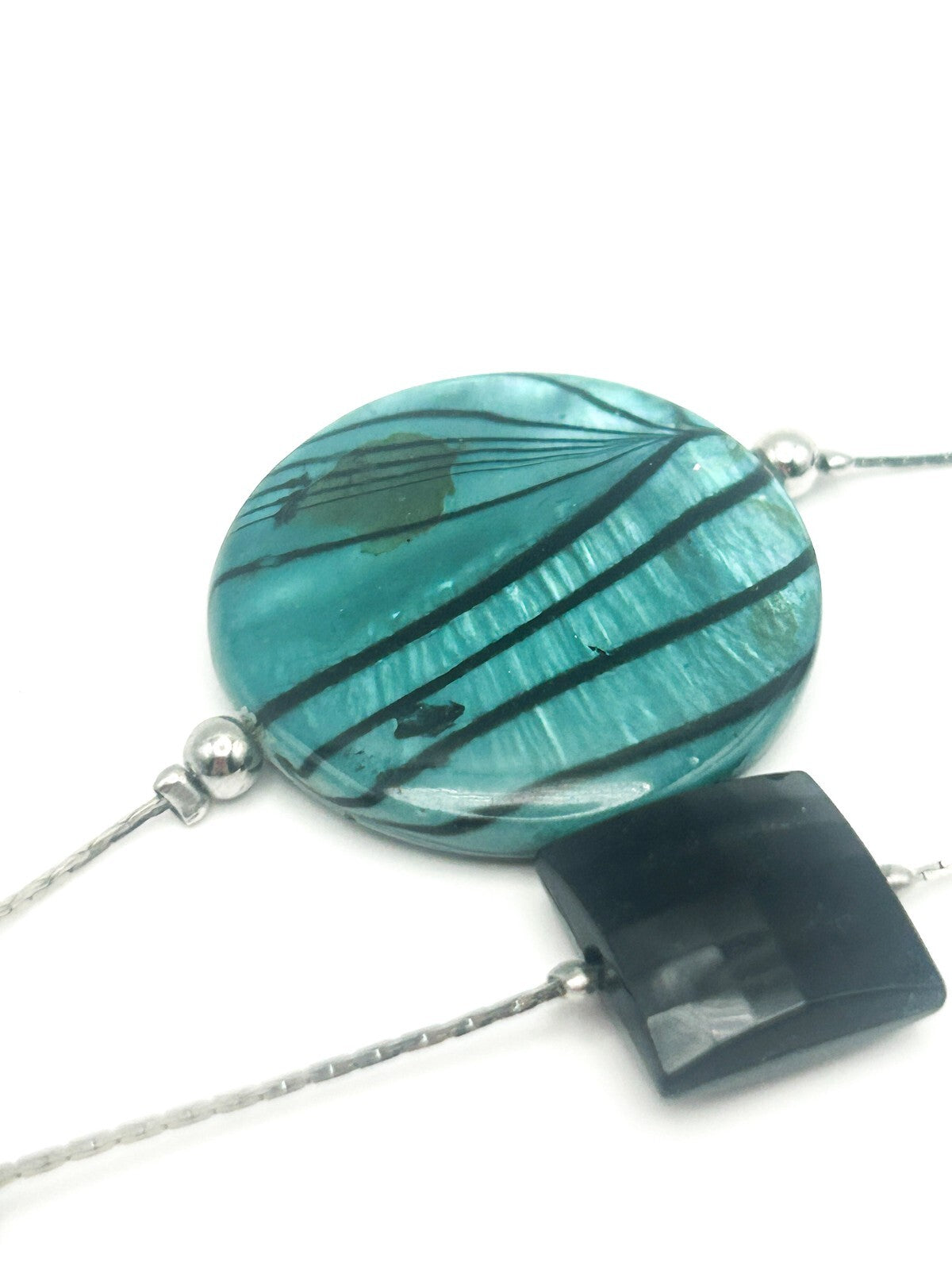 Vintage M&S Teal  Black Disc and Black and Silver Tone 2-layer Cube Necklace