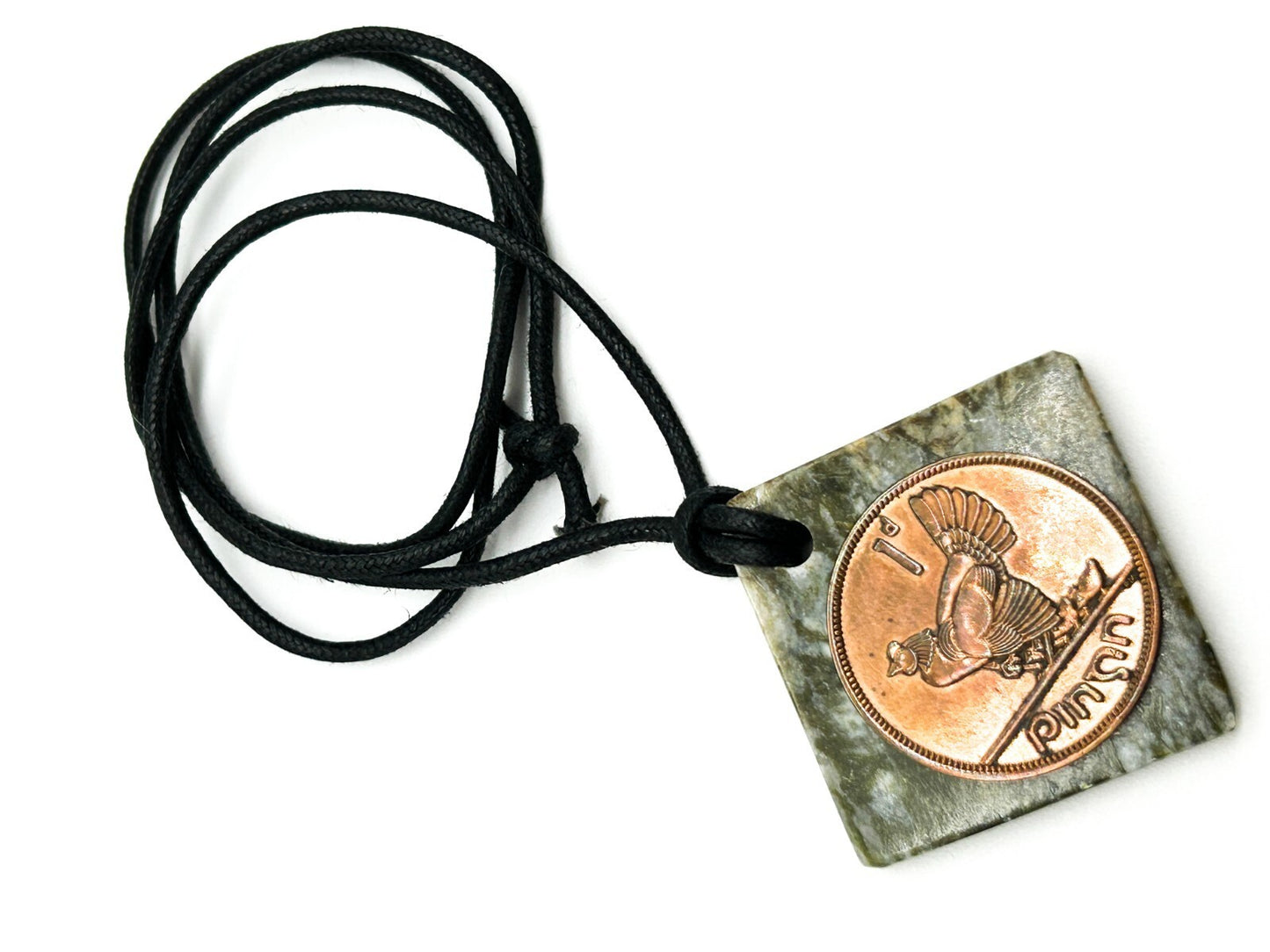Vintage Irish Pingin Penny Coin Connemara Marble Pendant Necklace Hen Chicks