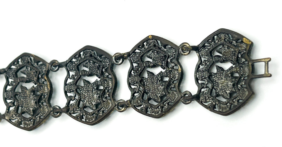 Vintage Filigree Panel Bracelet AB Rhinestone Floral Articulated 17cm