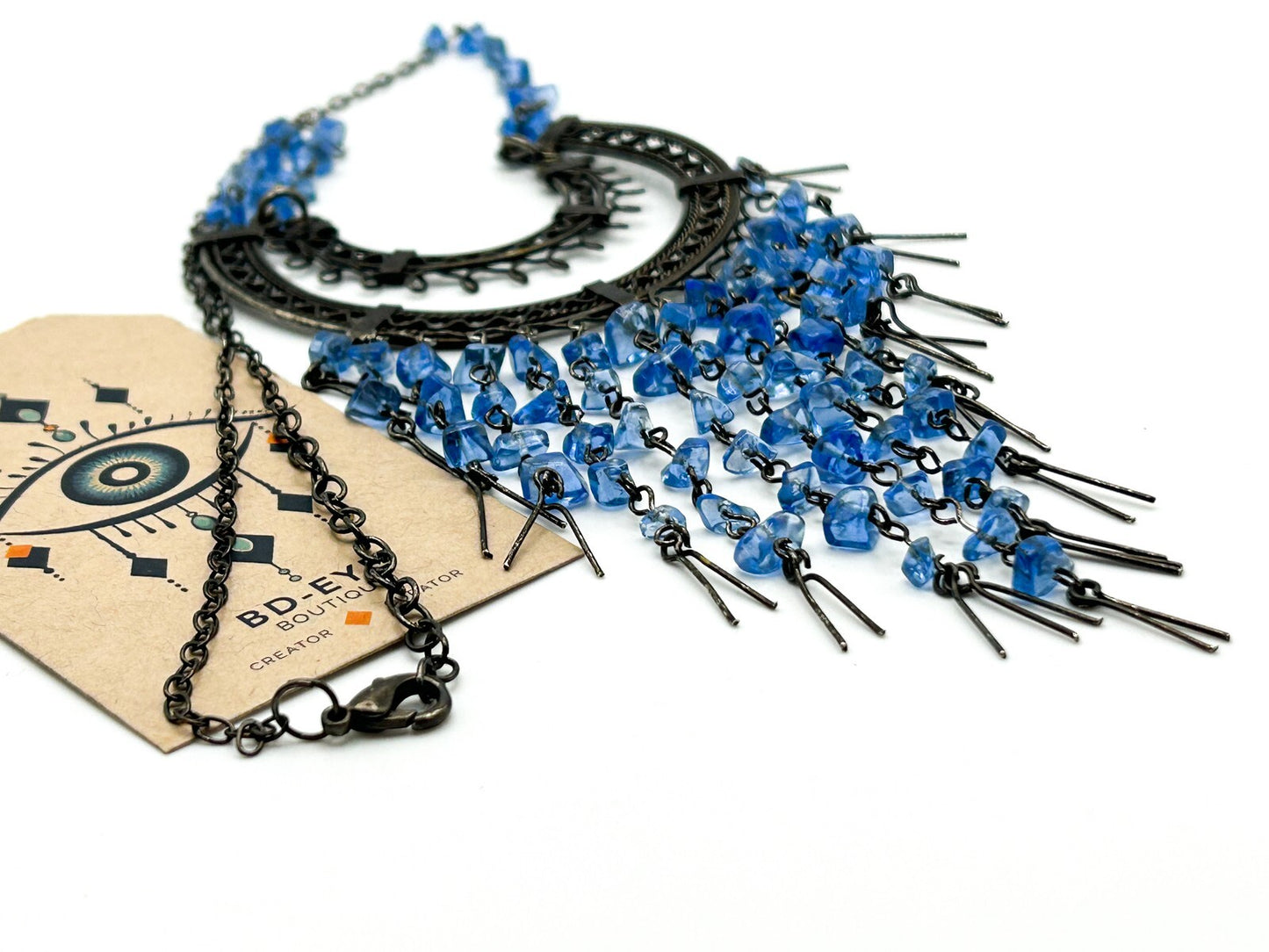 Gunmetal Chain Tassel Necklace with Blue Glass Chips – 20.5in