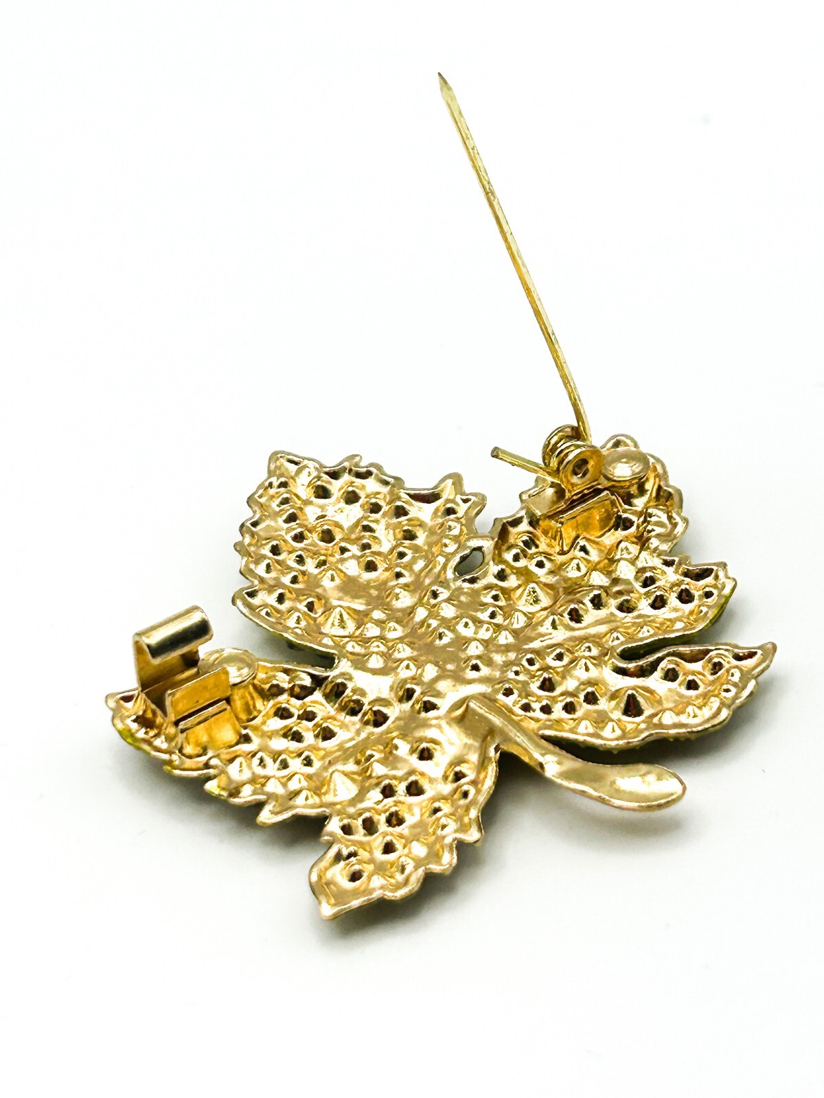 Vintage Maple Leaf Brooch Gold Tone Green Rhinestone Leaf Pin
