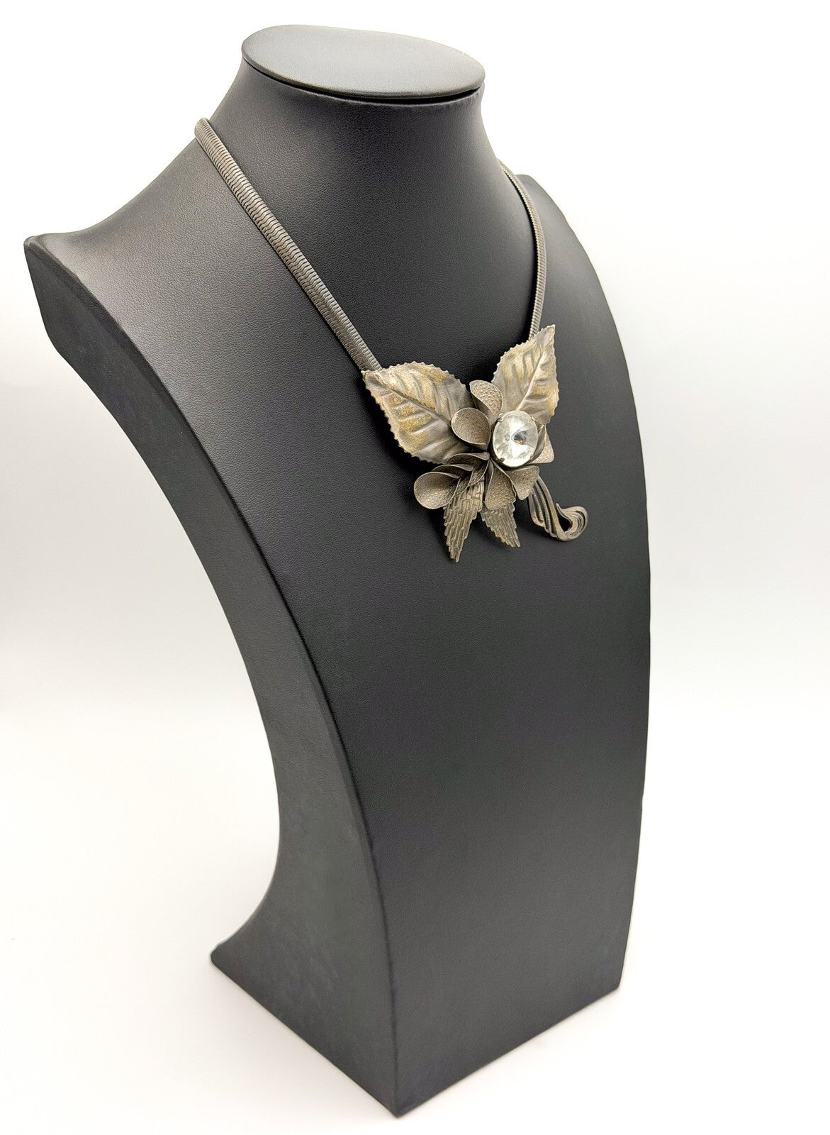 Art Nouveau Style Floral Leaf Statement Necklace with Swirl & Rhinestone Detail