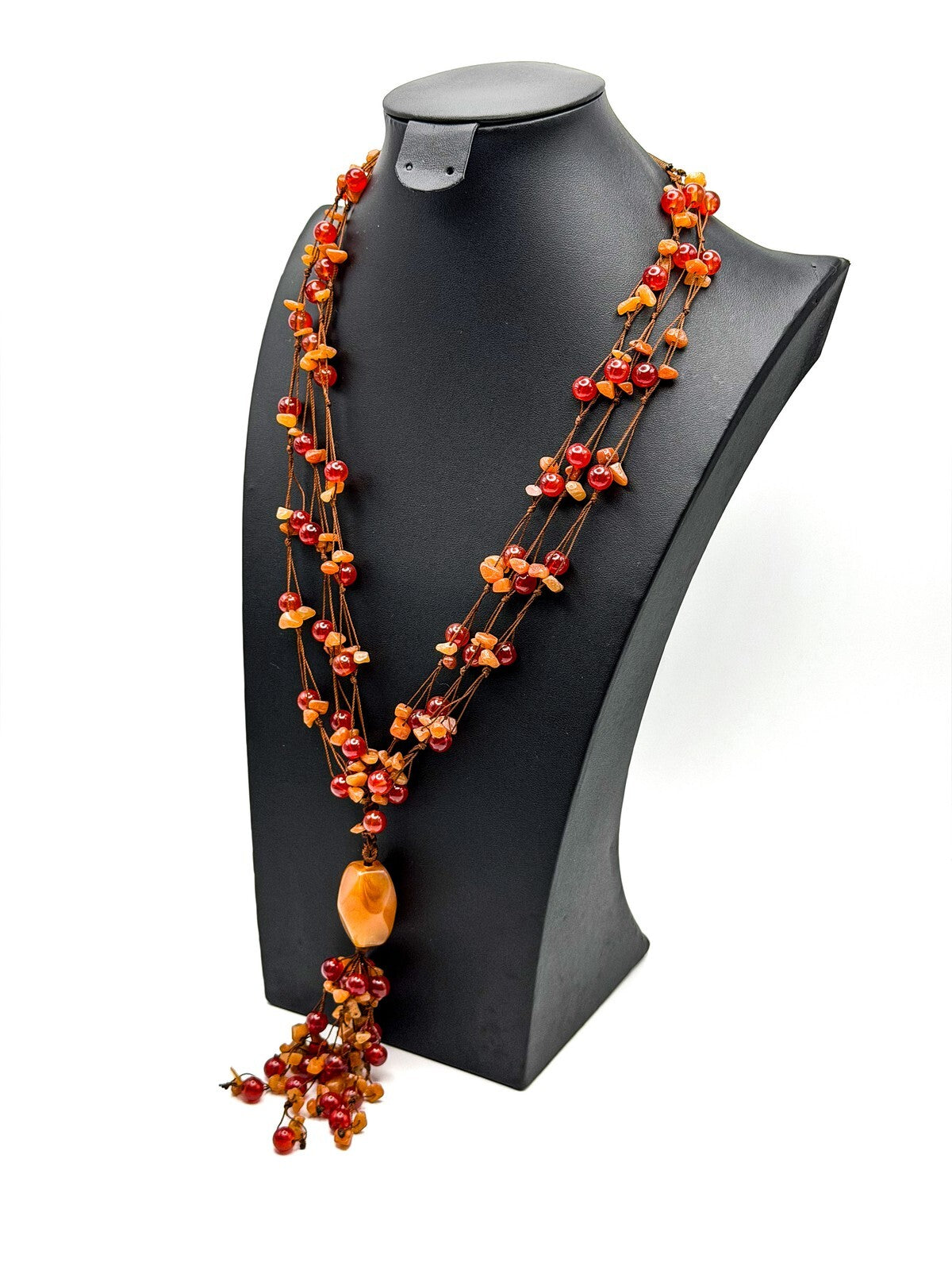 VTG Orange Glass, Acrylic & Carnelian Hand-knotted Statement Boho Necklace