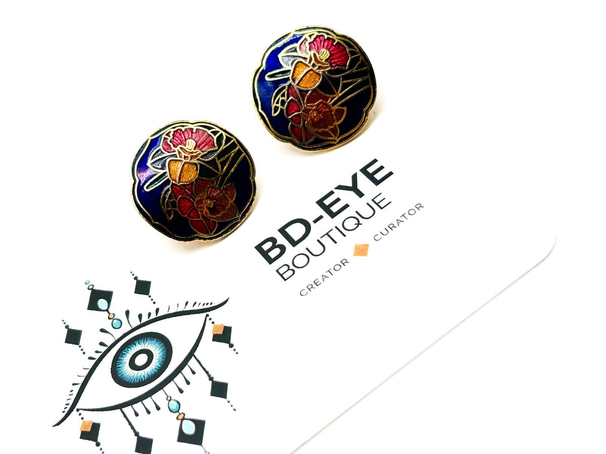 Vintage Cloisonné Floral Clip On Earrings – Blue Enamel Round Studs Red Flower