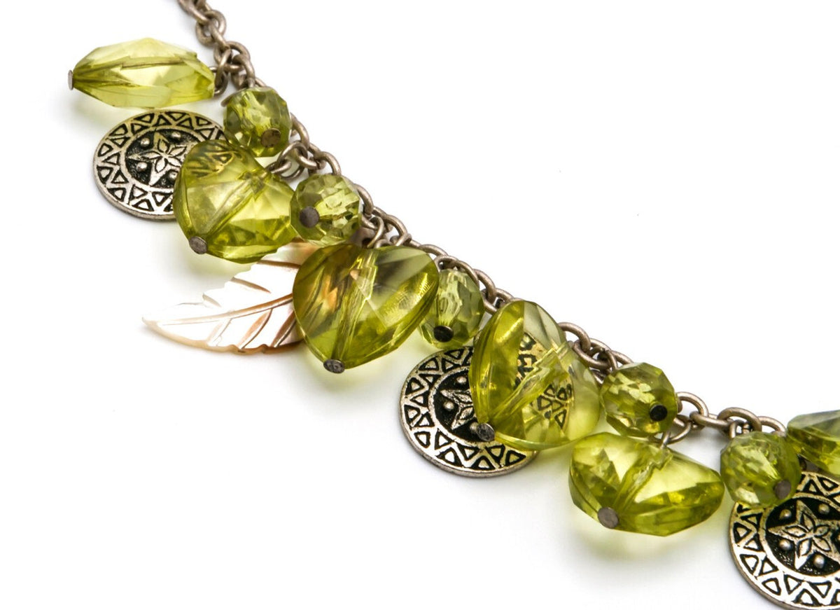 Green Hearts & Charms Choker – Silver Tone 18”