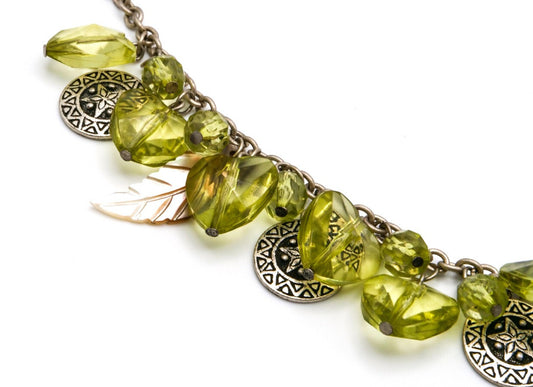 Green Hearts & Charms Choker – Silver Tone 18”
