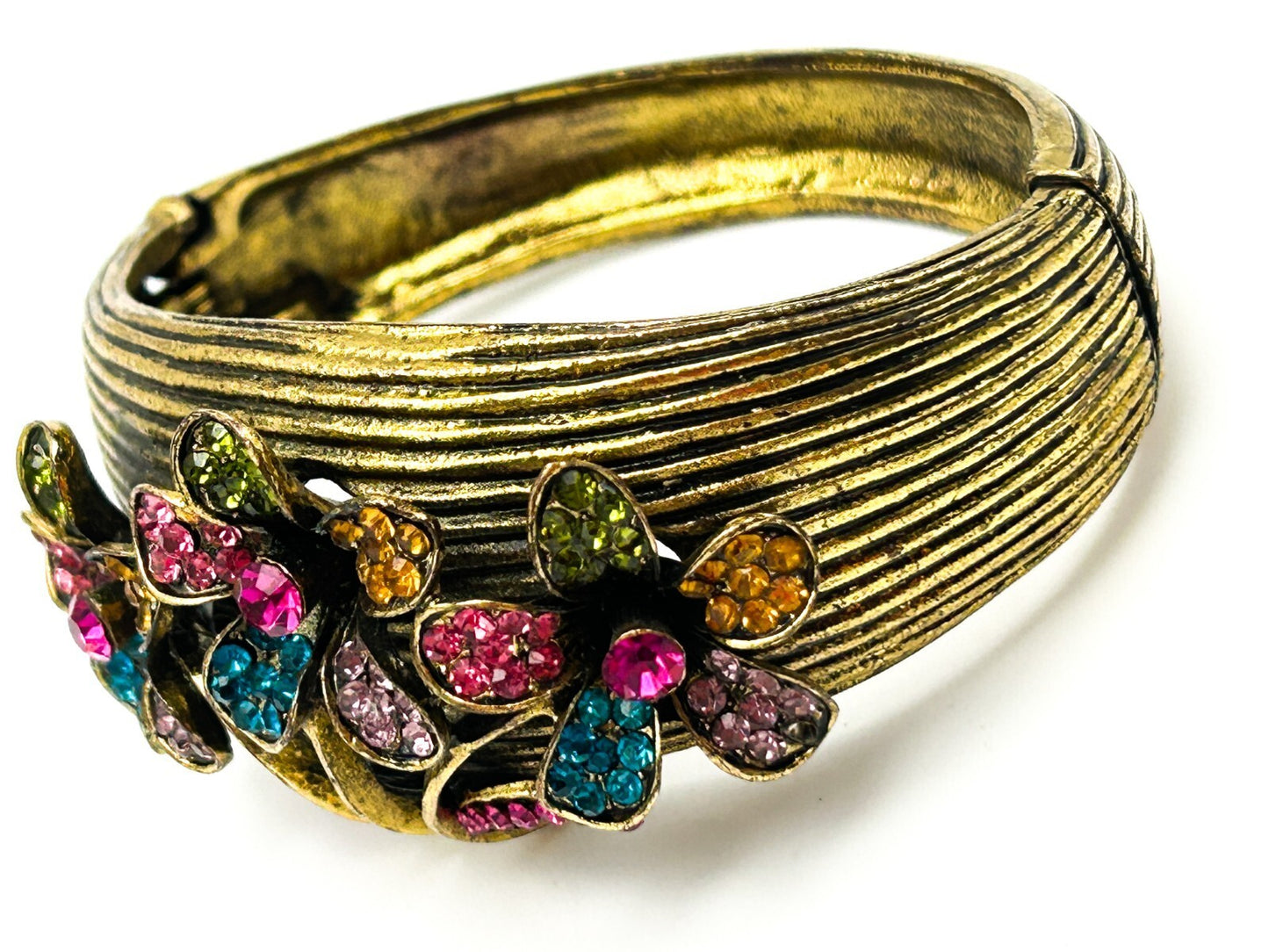 Antique Gold Tone Rhinestone Flower Clamper Bangle Pink Blue Green Bold Floral