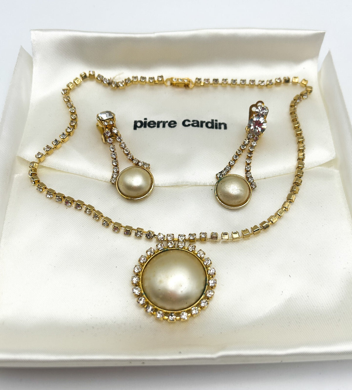Vintage Pierre Cardin Faux Pearl & Rhinestone Necklace and Earrings - Gold Tone