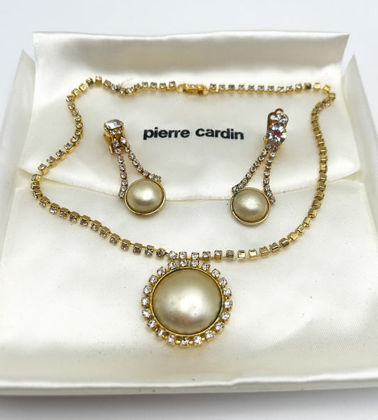 Vintage Pierre Cardin Faux Pearl & Rhinestone Necklace and Earrings - Gold Tone