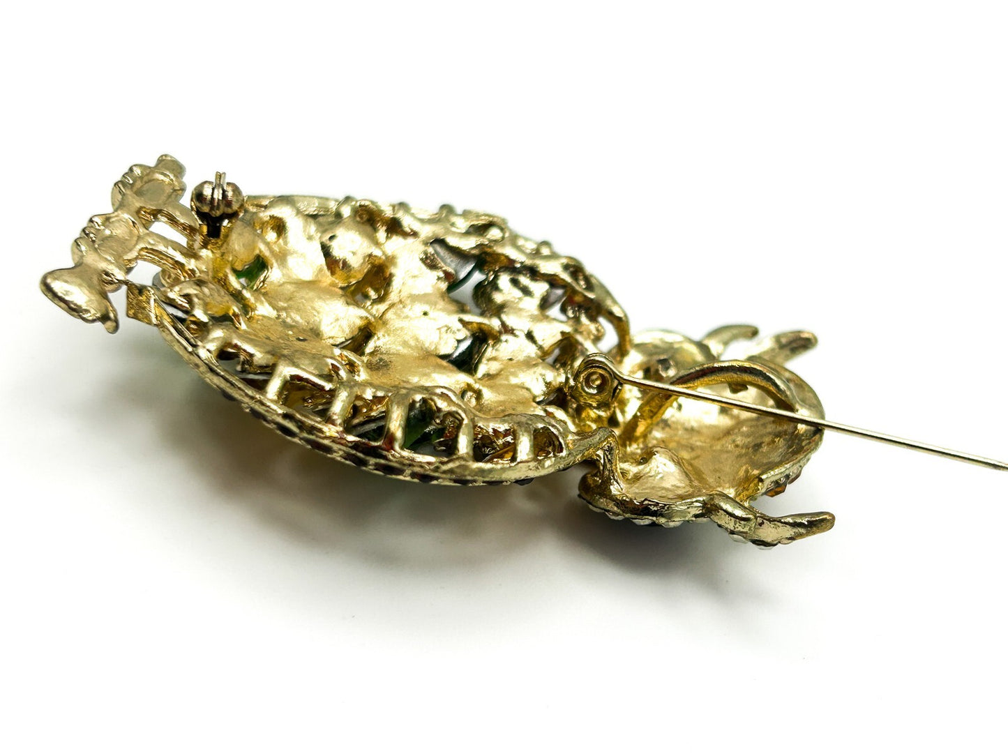 Owl Brooch Gold Tone Green Amber Rhinestone Animal Pin
