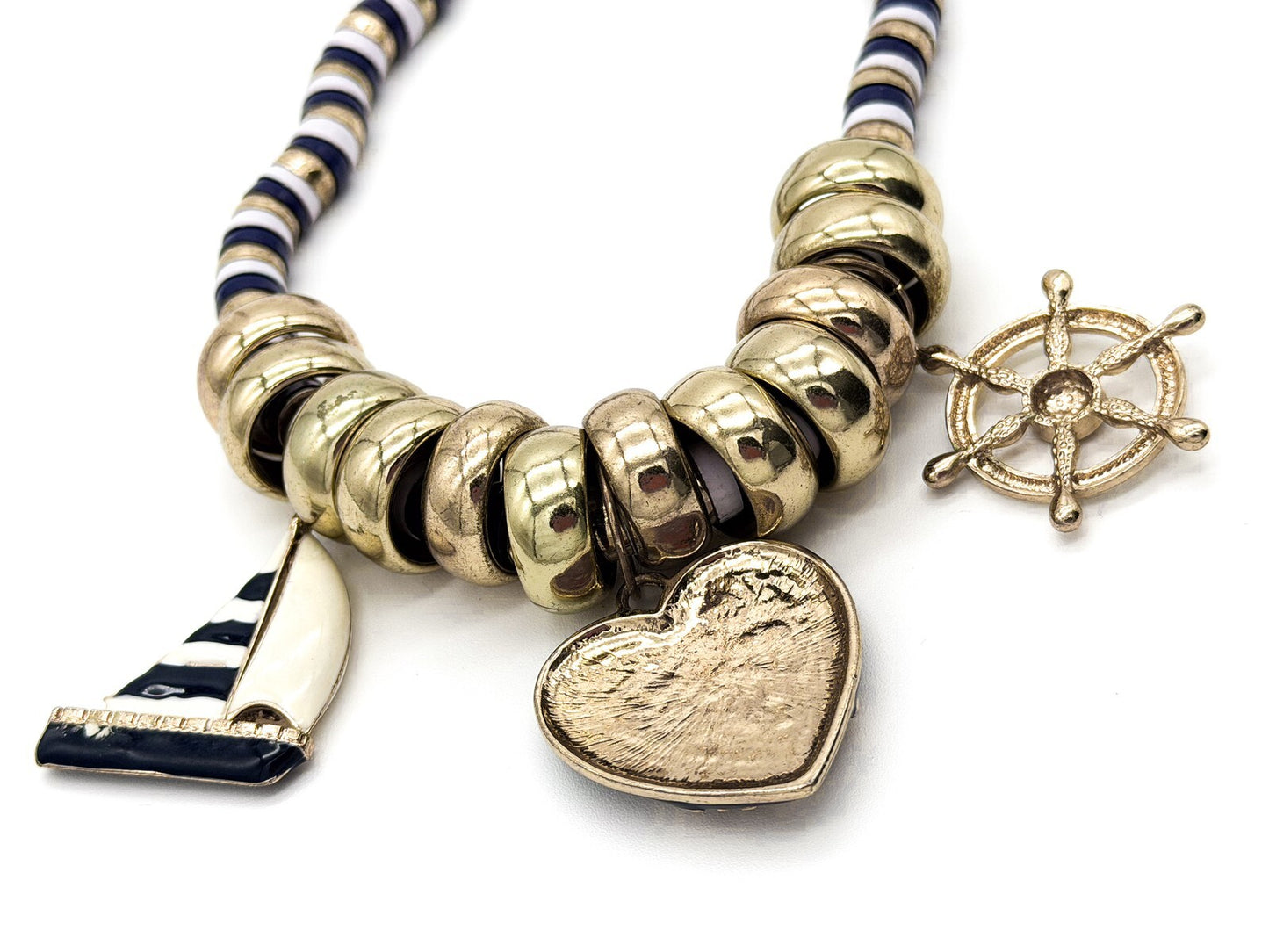 Y2K Nautical Charm Necklace Gold Tone Enamel Anchor Sailboat Statement Summer